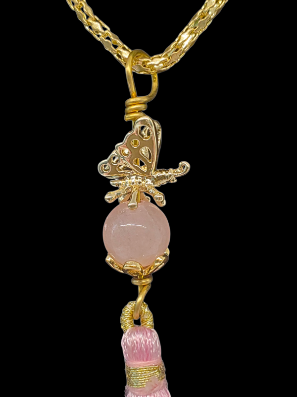 Elegant Butterfly Necklace: 14k Gold Filled, Boho Tassel, Rose Quartz, Summer Jewelry Gift