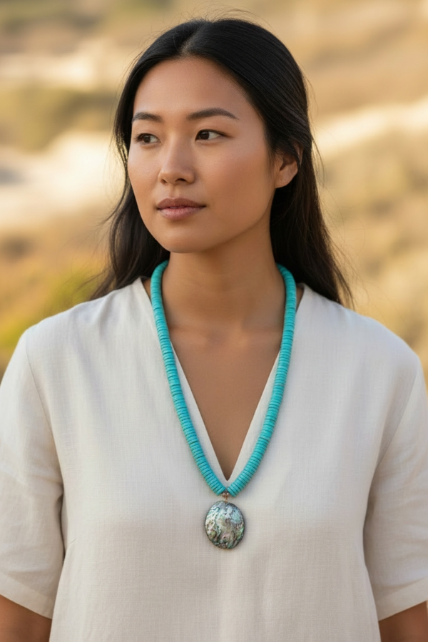 Handcrafted Turquoise, Coral & Abalone Pendant Necklace - Indigenous Design