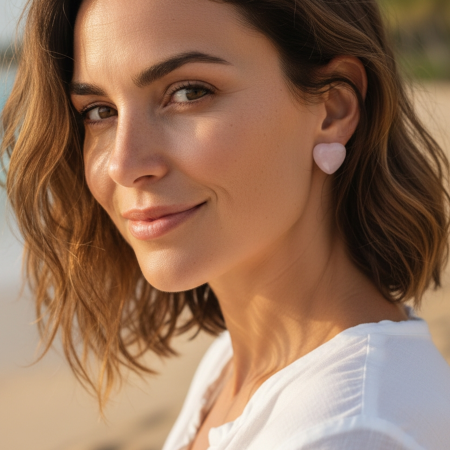 model wearing heart shaped rose quartz studs
