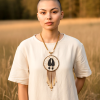model wearing unisex birchbark pendant