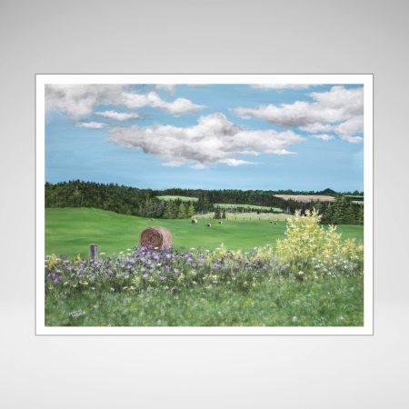 a print of a Rustico, Prince Edward Island landscape painting with green fields, hay bales, wildflowers, and a blue sky with clouds.
