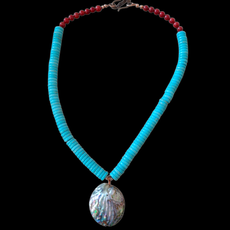 Handcrafted Turquoise, Coral & Abalone Pendant Necklace - Indigenous Design