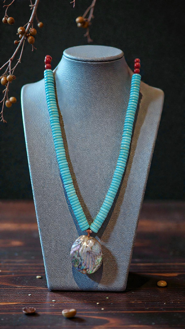 Handcrafted Turquoise, Coral & Abalone Pendant Necklace - Indigenous Design