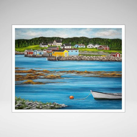 a print of a coastal village of seaside homes, a wharf, rocks with seaweed and a white fishing boat
