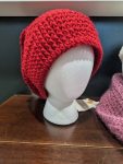Slouchy Beanie in red with grey pompom