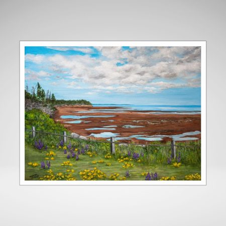 A print of an acrylic painting by Maureen Mackenzie of Prince Edward Island shoreline with red sand, tidal pools, and wildflowers in the foreground under a partly cloudy sky.