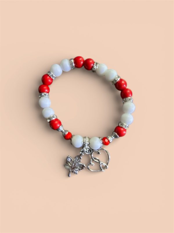 Canada Red and White bracelet with maple leaf and heart pendants
