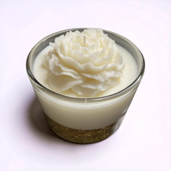 Wedding Guest Table, Decorative White & Gold Peony Candle, 24 oz