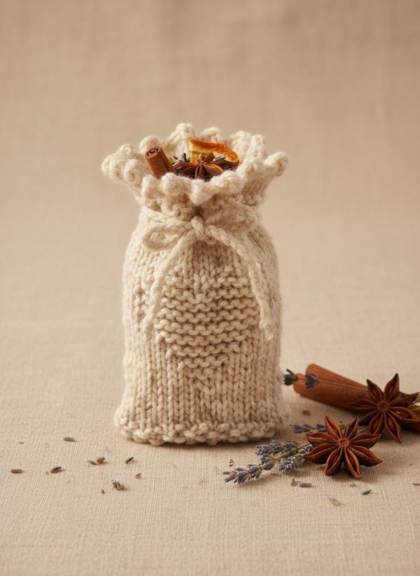 Refillable Hand-Knitted Heart Sachet Gift Pouch Cream Marled