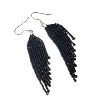 Raven Wing Fringe Earrings: Black Seed Beads, Spinel, Hematite – Tribal Jewelry