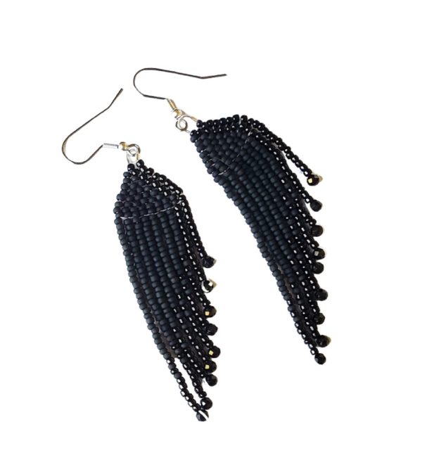 Raven Wing Fringe Earrings: Black Seed Beads, Spinel, Hematite – Tribal Jewelry
