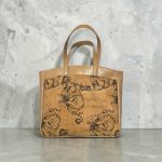 Black Floral Cork Tote Bag, Beige Vinyl Accents, Gold Hardware, Work Travel Bag