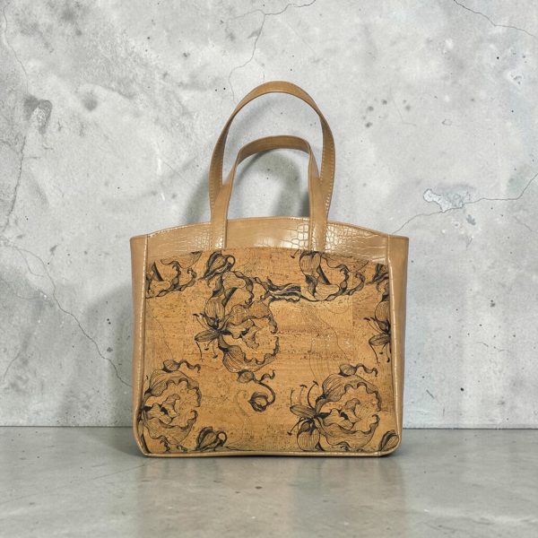 Black Floral Cork Tote Bag, Beige Vinyl Accents, Gold Hardware, Work Travel Bag