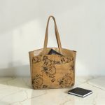 Black Floral Cork Tote Bag, Beige Vinyl Accents, Gold Hardware, Work Travel Bag
