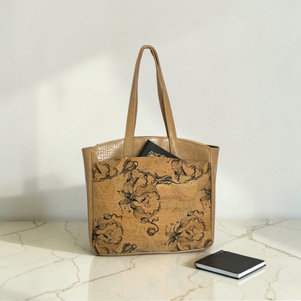 Black Floral Cork Tote Bag, Beige Vinyl Accents, Gold Hardware, Work Travel Bag