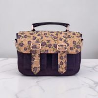 Eggplant color with accent purple flower cork fabric, rose gold hardware, minimalist bag.