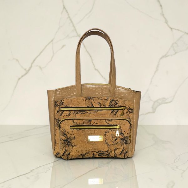 Black Floral Cork Tote Bag, Beige Vinyl Accents, Gold Hardware, Work Travel Bag
