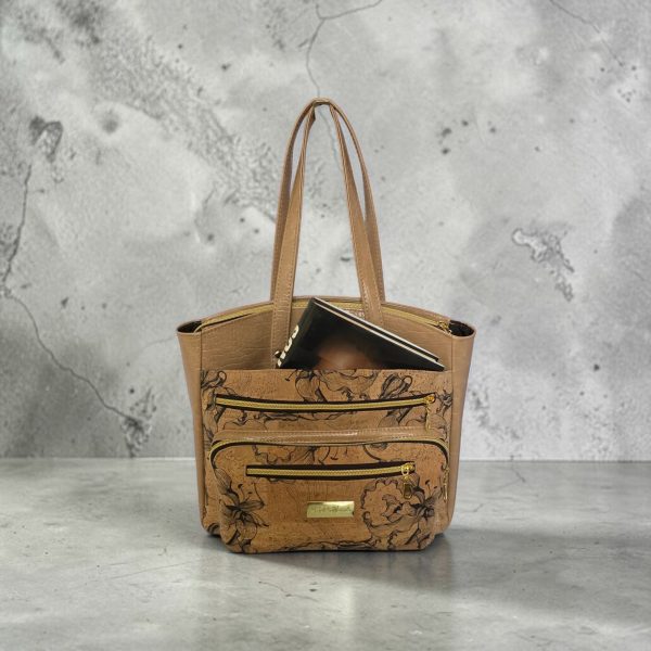 Black Floral Cork Tote Bag, Beige Vinyl Accents, Gold Hardware, Work Travel Bag