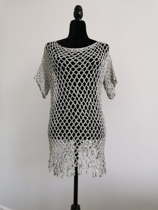 Mesh Crochet Poncho, Vintage Silver Metallic Top