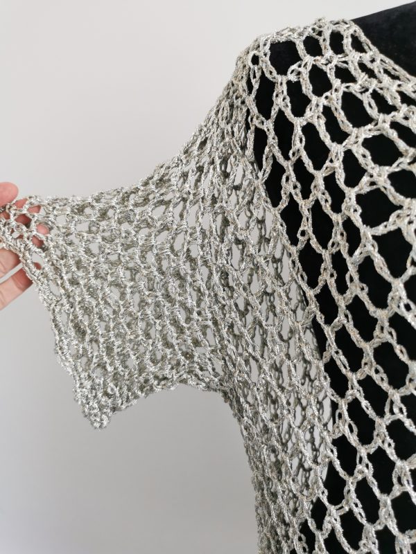 Mesh Crochet Poncho, Vintage Silver Metallic Top