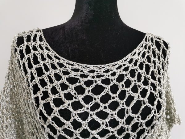 Mesh Crochet Poncho, Vintage Silver Metallic Top