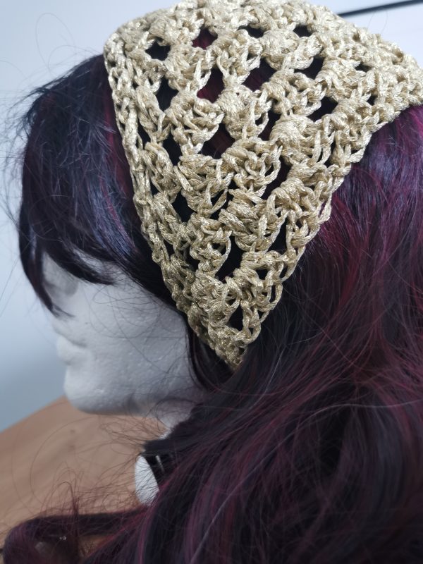 Crochet Bandana, Gold Metallic Head Scarf