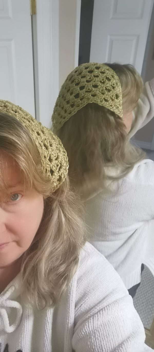 Crochet Bandana, Gold Metallic Head Scarf