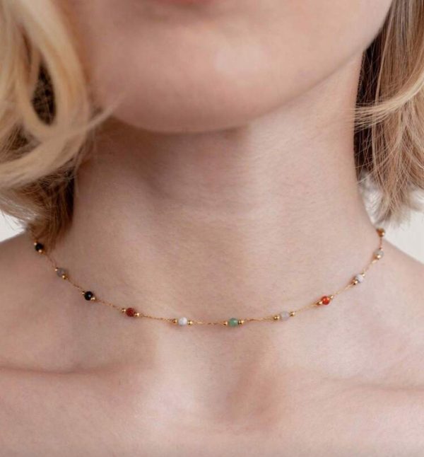 18k Gold Plated Delicate Multi Color Natural Stone Beaded Necklace | Tarnish-Free Stainless Steel |