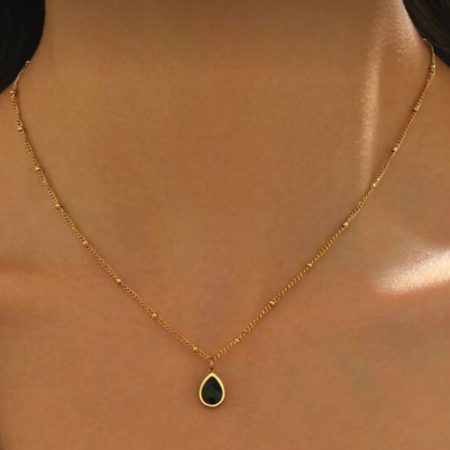 18k Gold Plated Teardrop Black Pendant with Beaded Necklace | Tarnish-Free Stainless Steel