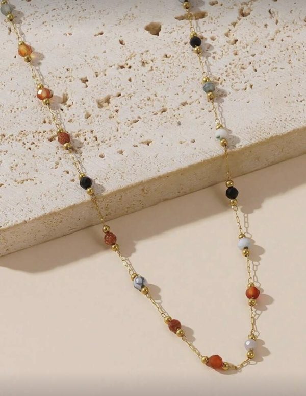 18k Gold Plated Delicate Multi Color Natural Stone Beaded Necklace | Tarnish-Free Stainless Steel |