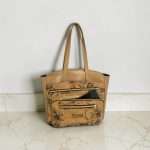 Black Floral Cork Tote Bag, Beige Vinyl Accents, Gold Hardware, Work Travel Bag