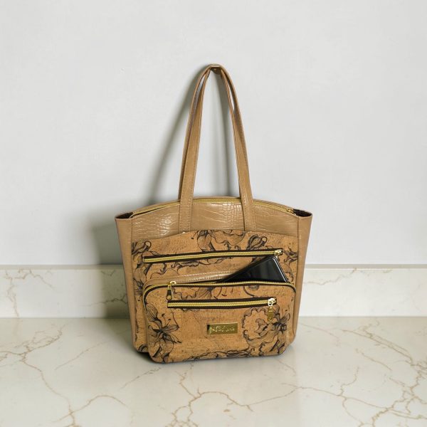 Black Floral Cork Tote Bag, Beige Vinyl Accents, Gold Hardware, Work Travel Bag