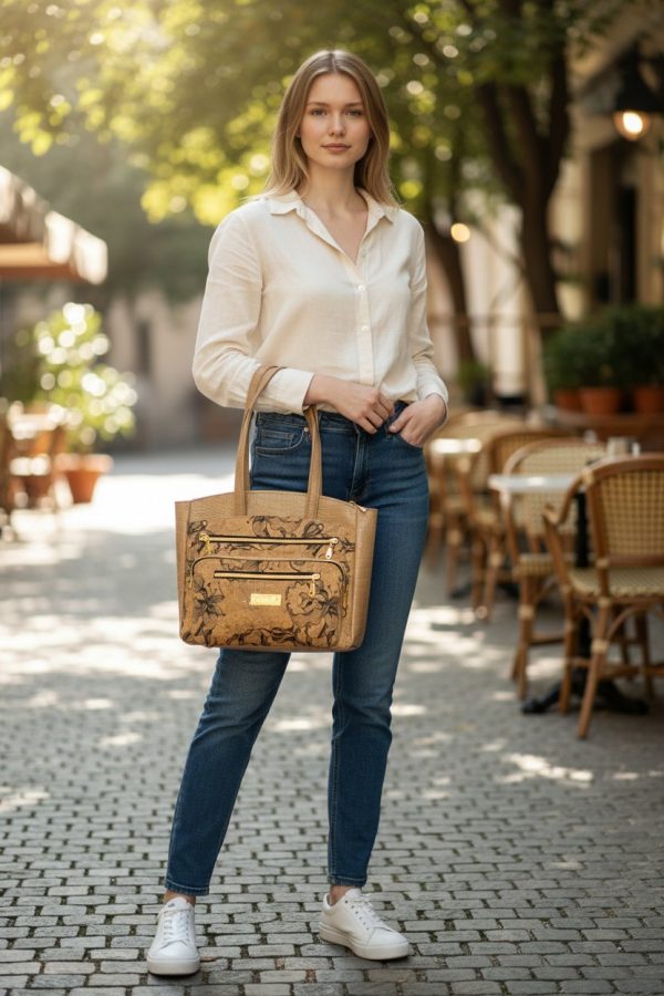 Black Floral Cork Tote Bag, Beige Vinyl Accents, Gold Hardware, Work Travel Bag