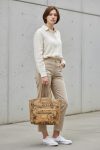 Black Floral Cork Tote Bag, Beige Vinyl Accents, Gold Hardware, Work Travel Bag