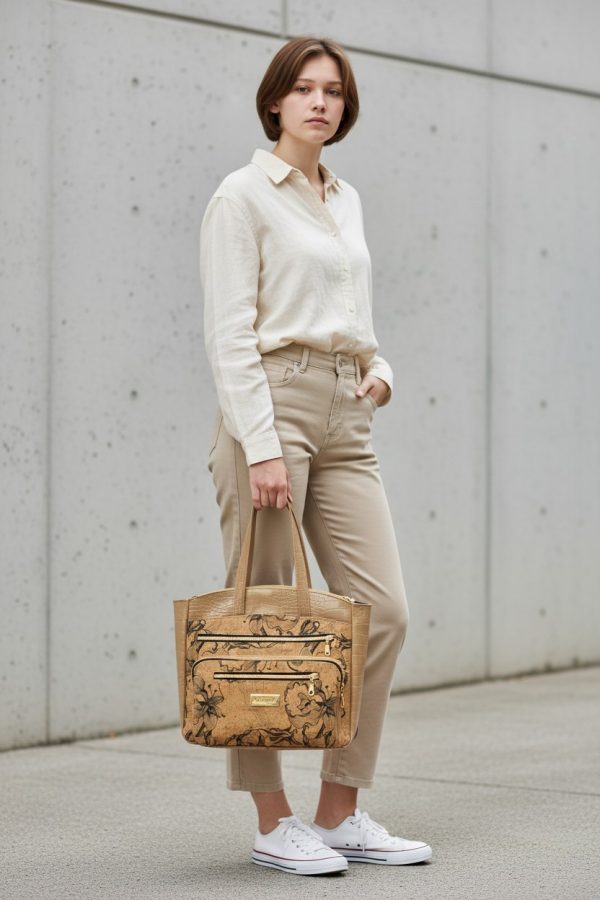 Black Floral Cork Tote Bag, Beige Vinyl Accents, Gold Hardware, Work Travel Bag