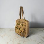 Black Floral Cork Tote Bag, Beige Vinyl Accents, Gold Hardware, Work Travel Bag