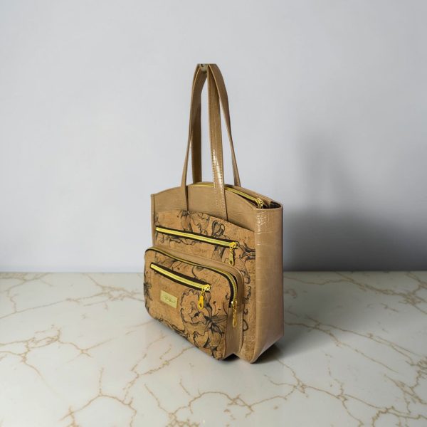 Black Floral Cork Tote Bag, Beige Vinyl Accents, Gold Hardware, Work Travel Bag