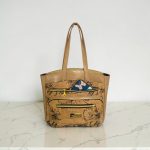 Black Floral Cork Tote Bag, Beige Vinyl Accents, Gold Hardware, Work Travel Bag
