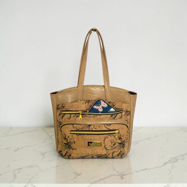 Black Floral Cork Tote Bag, Beige Vinyl Accents, Gold Hardware, Work Travel Bag