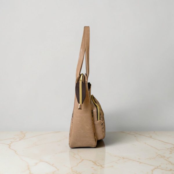 Black Floral Cork Tote Bag, Beige Vinyl Accents, Gold Hardware, Work Travel Bag