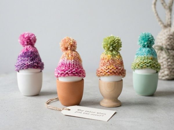 Set of 4 Handknitted Egg Warmers with Pom-Pom Hats - Cute Colorful Easter Egg Cosies