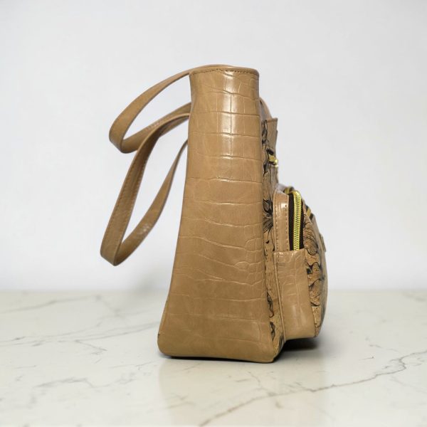 Black Floral Cork Tote Bag, Beige Vinyl Accents, Gold Hardware, Work Travel Bag