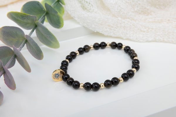 Obsidian Bracelet with 14K Gold Filled Hamsa Hand & Blue CZ Accent