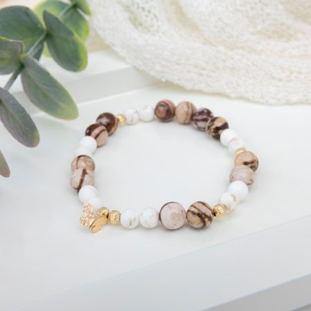 Australian Peanut Jasper & Magnesite Bracelet with 14K Gold Filled Corrugated Beads & Butterfly Charm