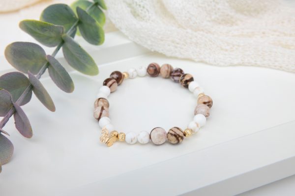 Australian Peanut Jasper & Magnesite Bracelet with 14K Gold Filled Corrugated Beads & Butterfly Charm
