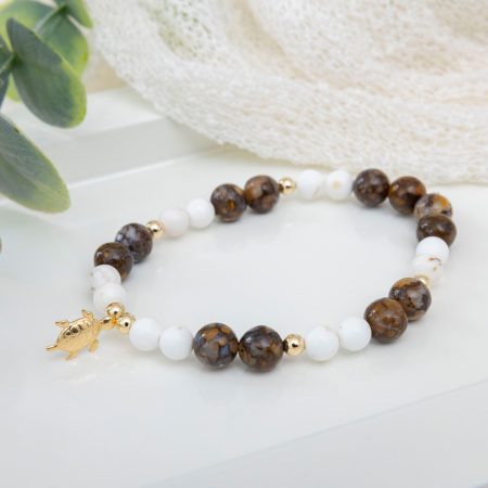 African Opal & Magnesite Bracelet with 14K Gold Filled Beads & Turtle Charm