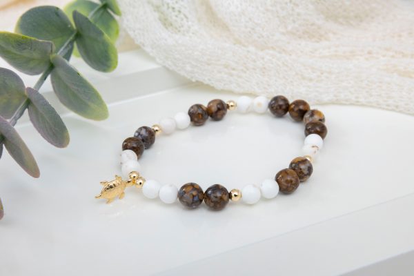 African Opal & Magnesite Bracelet with 14K Gold Filled Beads & Turtle Charm