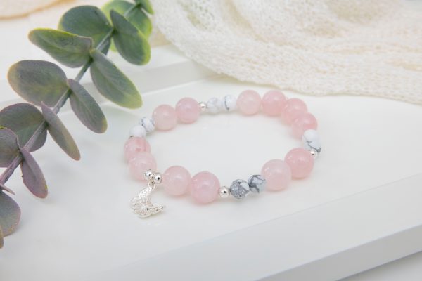 Rose Quartz Bracelet with Sterling Silver Beads & Butterfly Charm