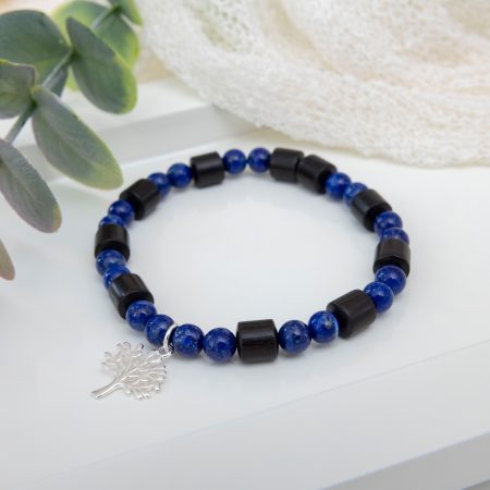 Men’s Lapis Lazuli & Black Indonesian Wood Bracelet with Sterling Silver Tree of Life