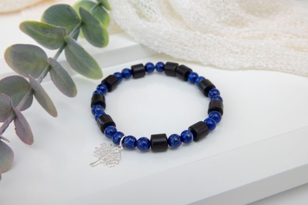 Men’s Lapis Lazuli & Black Indonesian Wood Bracelet with Sterling Silver Tree of Life